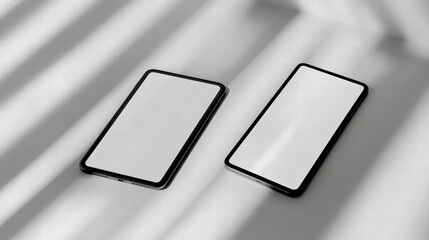 Poster - Two Smartphones Mockup: Two sleek smartphones with blank screens rest on a textured surface, bathed in soft, dramatic light and shadow.  Perfect for showcasing app designs.