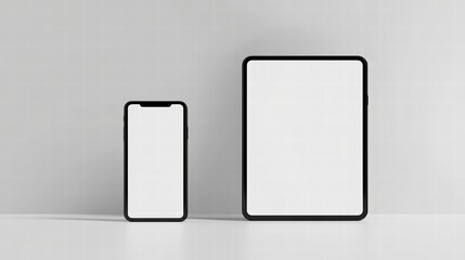 Poster - Mobile Tech Showcase: A modern smartphone and tablet, showcasing blank screens, stand side-by-side against a clean backdrop, offering ample space for digital content.