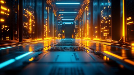 Poster - Futuristic Server Room Corridor Digital Art Orange Blue Neon Lights Technology Data Center Modern Abstract Background High Tech Infrastructure Virtual