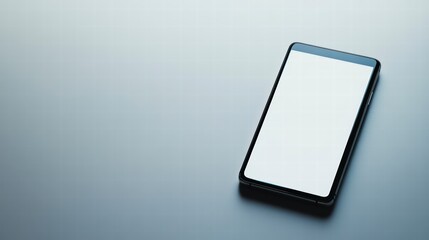 Poster - Minimalist Mobile Device on Table: a modern mobile phone with a bright screen rests on a smooth, minimalist surface, ideal for showcasing app displays, interface designs, and digital content