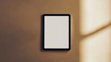 Poster - Digital Display Mockup: A sleek digital tablet with a blank screen is mounted on a textured wall, illuminated by soft, natural light.