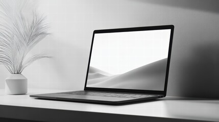 Poster - Minimalist workstation: A modern laptop with an illuminated screen and a simple plant in a vase, conveying simplicity and functionality for the tech-savvy individual