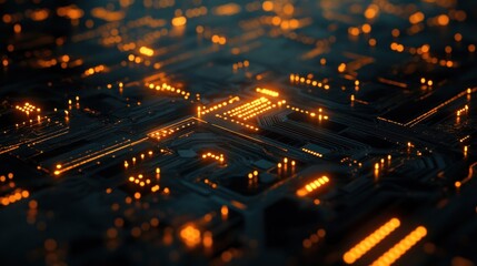 Poster - Abstract Circuit Board: Glowing Orange Pathways of Digital Technology