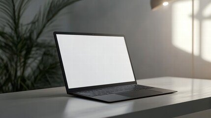 Poster - Laptop on Desk: A sleek laptop sits open on a modern desk, its screen radiating a blank canvas, inviting ideas and productivity, perfect for showcasing concepts or digital designs.