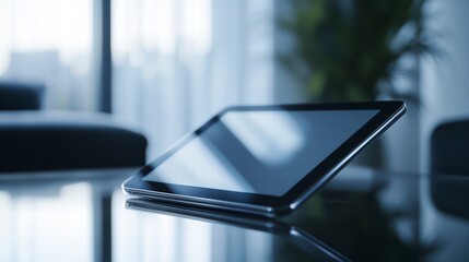 Poster - Digital Oasis: The sleek allure of a modern digital tablet resting on a glossy surface, reflecting the ambient light of a bright, contemporary interior, capturing innovation and technology