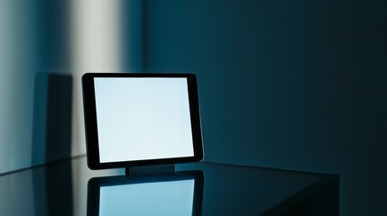 Poster - Digital Canvas: An sleek tablet, illuminated by a gentle light, stands on a reflective surface, exuding a minimalist aesthetic, ideal for showcasing applications or creative content. 
