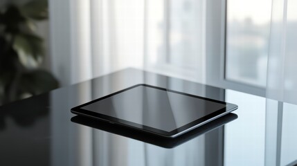 Poster - Digital Tablet on Table: Modern minimalist composition featuring a digital tablet resting on a sleek, reflective surface with natural light enhancing its sophisticated form.