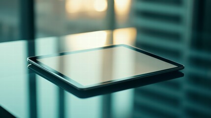 Poster - Tablet on a Glass Table: A sleek tablet rests on a reflective glass surface, suggesting a modern and minimalist environment, reflecting the lines and forms of contemporary design