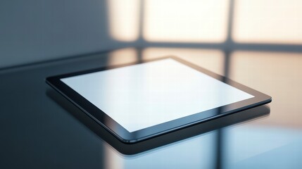 Poster - Digital Workspace: A sleek tablet device, resting on a glossy reflective surface.