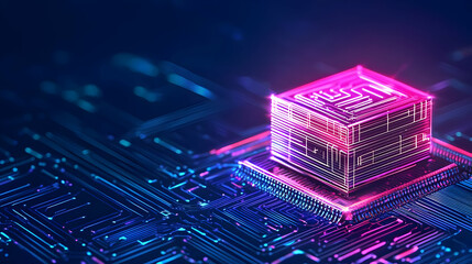Poster - Futuristic Microchip Surrounded by Neon Circuit Board Patterns
