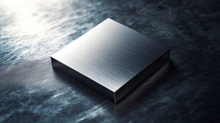 Poster - industrial cube on metallic surface: an eye-level shot captures a meticulously crafted cube, a symbo