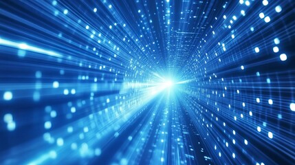 Poster - Abstract Blue Digital Tunnel Light Rays Speed Technology Background Futuristic Network Data Stream Bright Sparkling Glowing Lines Modern Design       