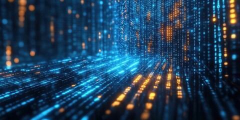 Fototapete - Colorful binary matrix streaming through a digital corridor, representing data and technology in a futuristic setting