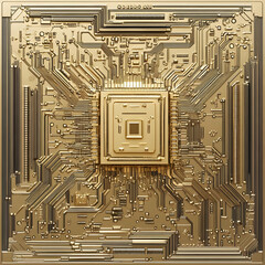 Poster - Golden Circuit Board with Microchip and Complex Connections