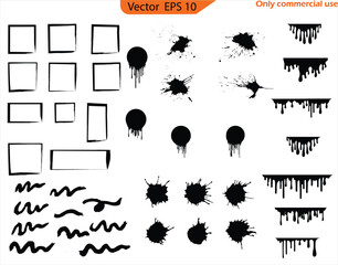 Wall Mural - Vector set of black ink blots. Paper different scraps set ripped page piece. Torn note paper page. Ripped note notebook grainy paper strips stuck. Black paint, ink brush strokes, brushes, lines set. 