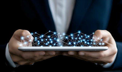 Poster - Hands Holding Tablet with Digital Network Connections Concept