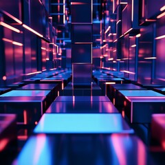 Poster - Abstract Neon Cubes Digital Art Background Futuristic Shiny Purple Blue Reflective 3D Render Modern Technology Design Geometric Shapes Vibrant Colors 