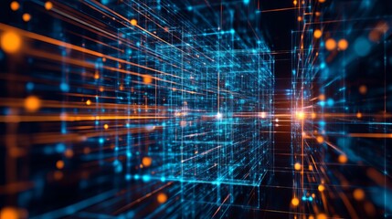Poster - Abstract Digital Network Technology Background Blue Orange Lines Futuristic Data Stream Graphic Design Illustration Modern Art Innovation Concept     