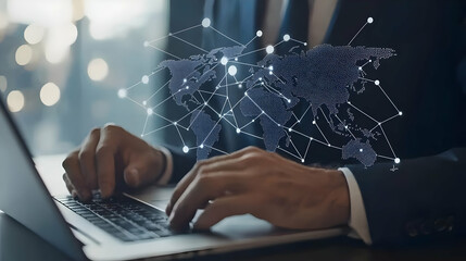 Poster - Businessman Using Laptop with Digital World Map and Connections
