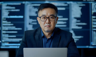 Poster - Professional Asian Man with Laptop in Modern Tech Environment