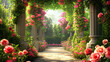 © romanets_v - Enchanting rose garden pathway with blooming arches and sunlit foliage