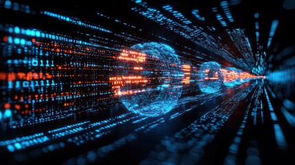 Wall Mural - digital spheres moving through binary code tunnel. potential stock photo use illustrative representa