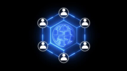 Globe and people network. Digital network connecting people globally, Animation of profile pictures and lines around globe against numbers on blue background.