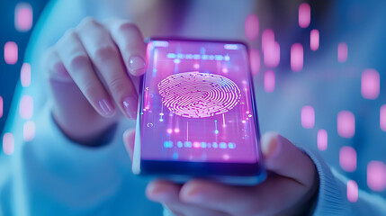 Poster - Futuristic Mobile Device with Fingerprint Authentication in Neon Lights