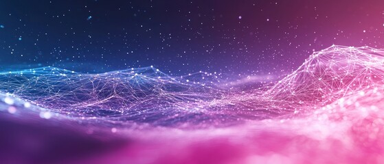 Poster - Abstract Digital Landscape:  A mesmerizing blend of vibrant pink and blue hues, forming a network of interconnected nodes, resembling a futuristic mountain range under a starry sky.