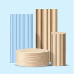 Poster - Geometric Wooden Shapes with Stripes and Solid Blue Background