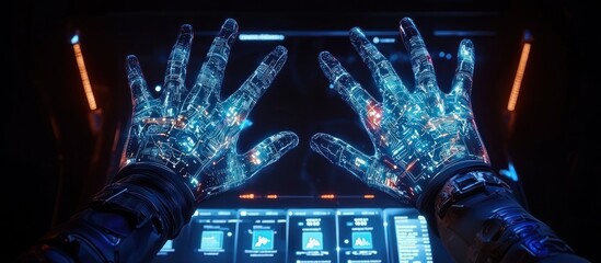 Poster - Cybernetic Hands Interacting with Futuristic Interface