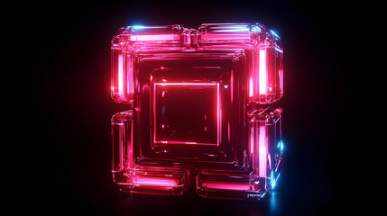 Poster - Glowing Abstract Cube with Neon Lights on Dark Background