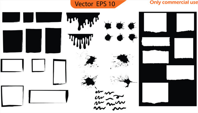 Set of black and white frames. Dripping paint drips background. Excellent drips illustration. Collection of dripping brush stroke paints. Transparent background. 	

