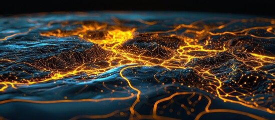 Poster - Abstract Glowing Network Landscape: Digital Terrain with Illuminated Pathways