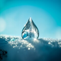 Fototapete - The image features a clear, teardrop-shaped droplet on a snowy surface against a serene blue background.