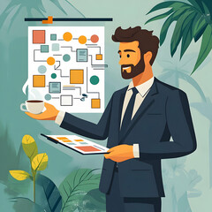 Poster - Businessman Analyzing Charts with Coffee in Vibrant Office Setting