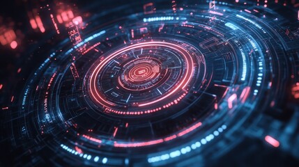 Poster - Abstract Futuristic Technology Interface: Neon Circles and Digital Data Streams