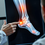 Doctor examining xray of swollen ankle joint for gout treatment diagnosing inflamed foot joint with uric acid crystals. Concept Medical imaging, Gout diagnosis, Swollen ankle, Uric acid crystals