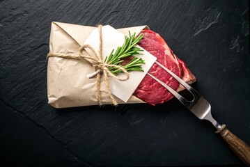 Aufkleber - A neatly wrapped piece of red meat tied with a string and decorated with a sprig of rosemary.