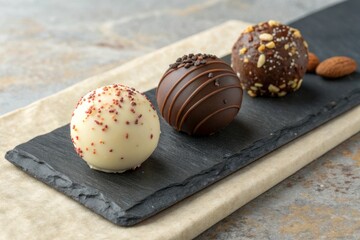 Poster - A gourmet arrangement of three different chocolate truffles displayed on a slate serving board.