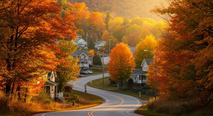  Autumn Road Winding Through Village Homes - Scenic autumn village road, curving path, colorful foliage, hillside homes, tranquil setting. Symbolizes peace, beauty, season change, home, community