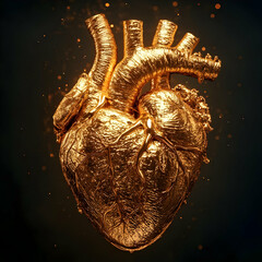 Poster - Golden Heart Sculpture Floating in Dark Space with Sparkling Effects