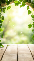 Aufkleber - Wooden table with green ivy leaves and blurred bokeh background creating relaxing and tranquil atmosphere
