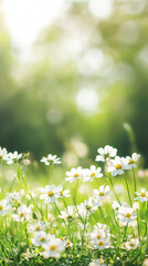 Poster - Pristine white daisies blooming across verdant meadow, sunlight casting soft glow on delicate wildflower landscape