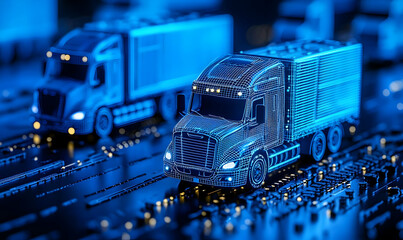 Poster - Futuristic Digital Trucks on Circuit Board Background for Logistics