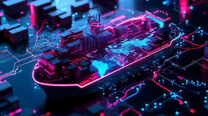 Poster - Futuristic Digital City Landscape with Vibrant Neon Glow
