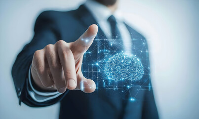 Poster - Businessman Interacting with 3D Brain Technology Concept Visualization