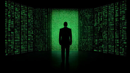 Poster - Person Standing in a Dark Room Surrounded by Green Binary Code