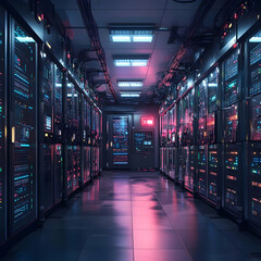 Poster - Futuristic Data Center with Bright LED Lights and High-Tech Equipment