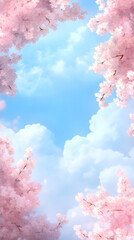 Aufkleber - Delicate pink cherry blossoms framing azure sky with soft clouds, evoking gentle springtime romance